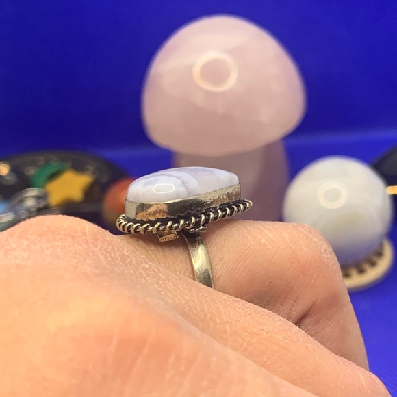 Comfort Curl ADJUSTABLE Dainty Genuine Blue Lace Agate Ring! .925 Silver Overlay - Picture 10 of 15